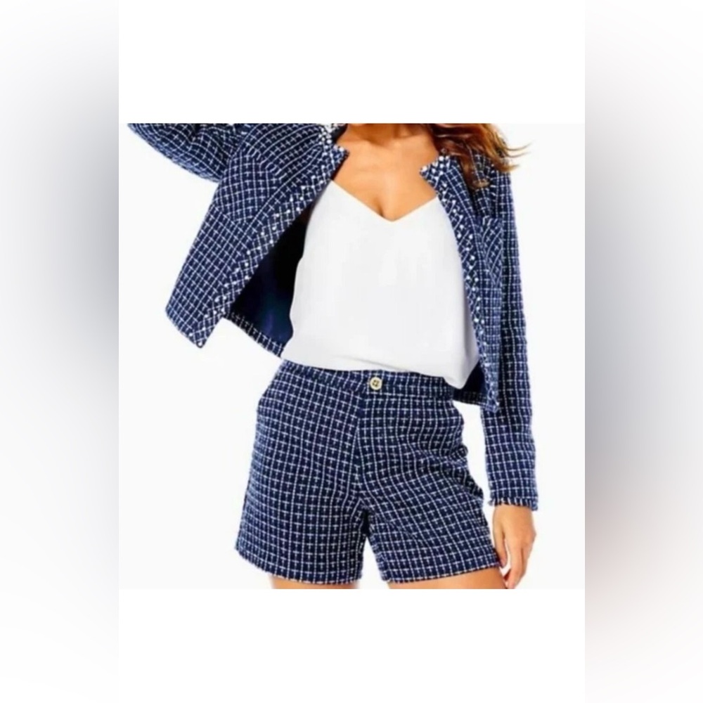LILLY PULITZER VANNE JACKET & SHORTS SET NAVY FANTASY CHECKERBOARD. SIZE 4.